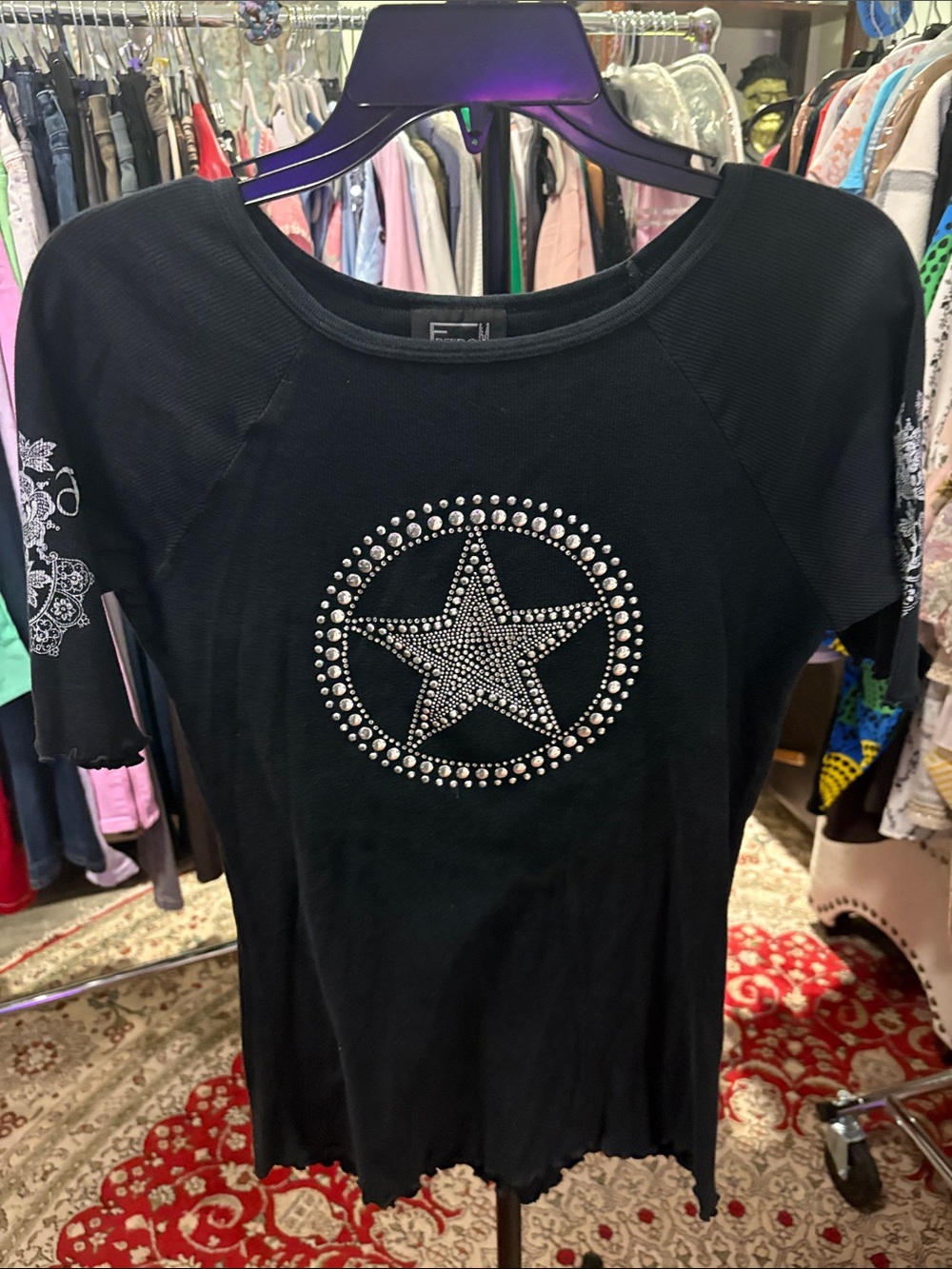 Rhinestone Star Short Sleeve Tee - Black